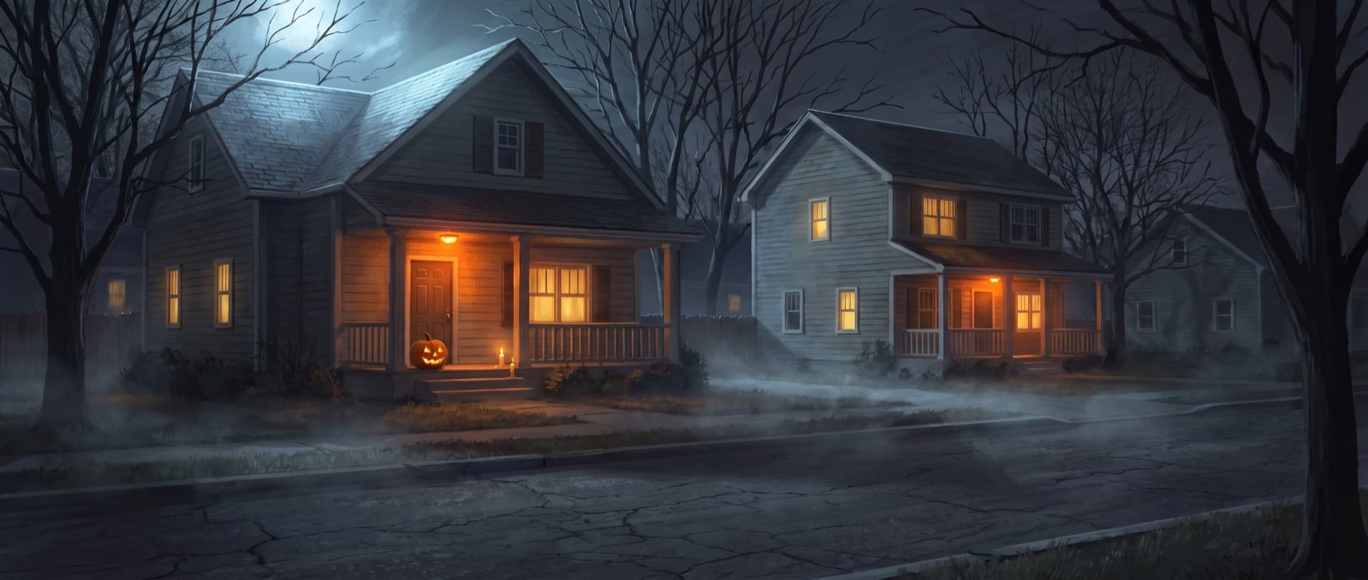 A quiet suburban street at night, jack-o'-lanterns lit on the porches